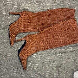 Brown Stiletto Knee-High Rhinestone Boots